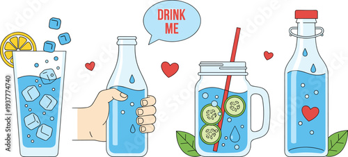 Vector Icon Set Featuring Water Bottles, Glass, and Infused Water with Lemon and Cucumber for Hydration and Drink DesignVector Icon Set 