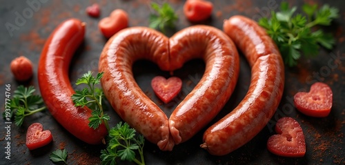 Heart-shaped sausages arranged with tomatoes and parsley on a dark surface. This romantic breakfast food composition is perfect for Valentine Day. Delicious meal for couples.