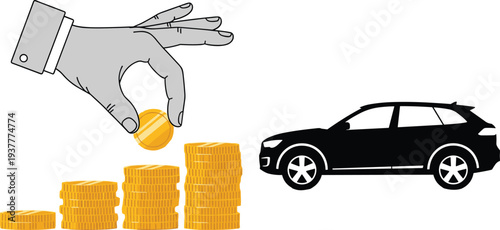 Illustration of financial savings concept with hand placing coin on stacked gold coins leading toward car silhouette investment goal