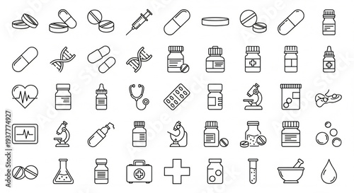 Collection of medical icons and symbols illustration viewed from directly above