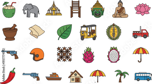Southeast Asia Culture Travel Icon Set Featuring Tuk Tuk, Durian, Buddha, Temple,, 