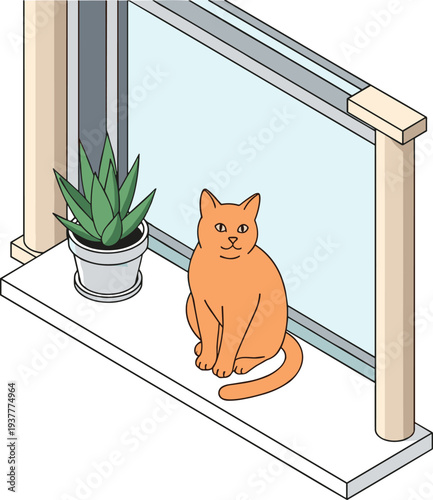 Minimalist digital illustration of orange cat sitting on windowsill beside green potted plant with wooden framed window, cozy home artwork