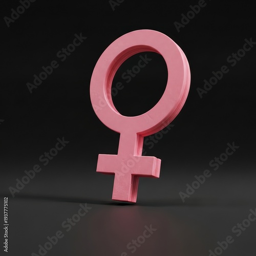 A glossy pink female gender symbol stands in a 3D perspective against a dark background.