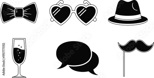 Party Photo Booth Props Set with Bow Tie, Heart Sunglasses, Fedora Hat, Champagne Glass, Speech Bubbles, and Mustache Isolated on White Background