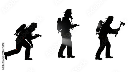 Silhouettes of three firefighters equipped with protective gear and tools, ready for emergency response and rescue operations