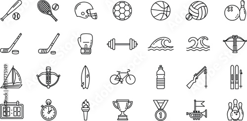 Sports Equipment and Competition Vector Icon Set Featuring Football, Basketball, Surfing, Cycling, and MedalsSports Equipment and Competition Vector Icon Set 