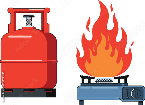 Red gas cylinder and blue stove with burning flame illustration symbolizing cooking fuel, energy, heating, kitchen appliance, and safety