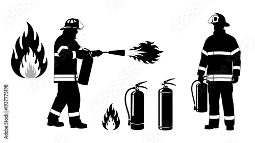 Firefighter and Fire Extinguisher Silhouettes Set for Emergency Response and Fire Safety Concepts