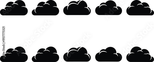 Set of black cloud icons in minimalist silhouette style, diverse shapes and contours for weather, design, and graphic applications