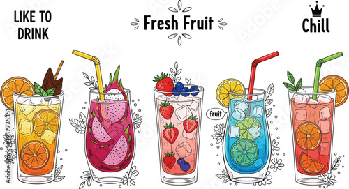 Fresh Fruit Drink Vector Icon Set Featuring Colorful Beverages with Citrus, Berries, and Tropical FruitsFresh Fruit Drink Vector Icon Set