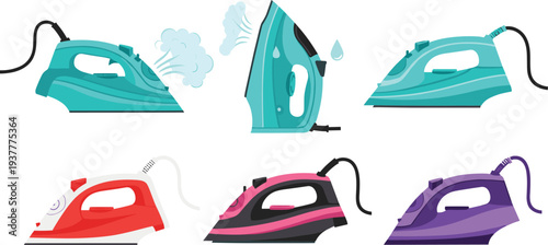 Set of colorful electric steam irons with distinct designs, household appliance illustration showing modern ironing tools and steam function variety