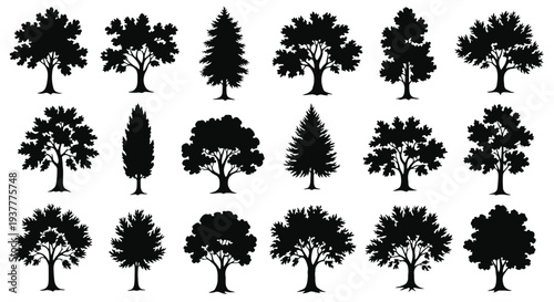 Collection of black silhouette trees in various shapes and sizes