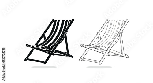 Two black and white illustrations of wooden deck chairs on white background