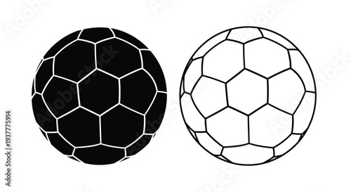 Two soccer balls one solid black one outlined in white
