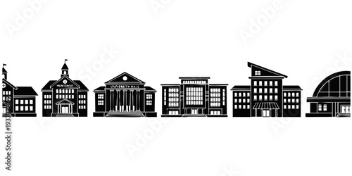 Educational Institution Silhouette Set: High School, University Hall, Library, and Sports Hall Icons