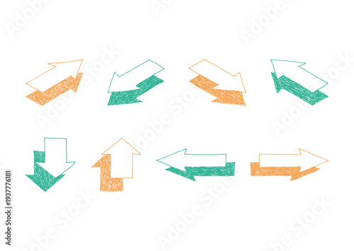 手描きのオレンジと緑の矢印のアイソメトリックイラストセット