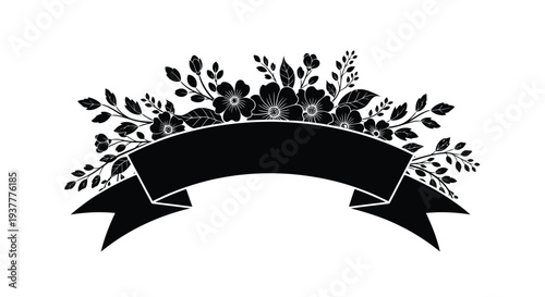 Floral arrangement with ribbon banner in black and white