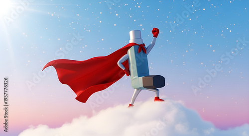 Inhaler cartoon superhero character on clouds for asthma relief