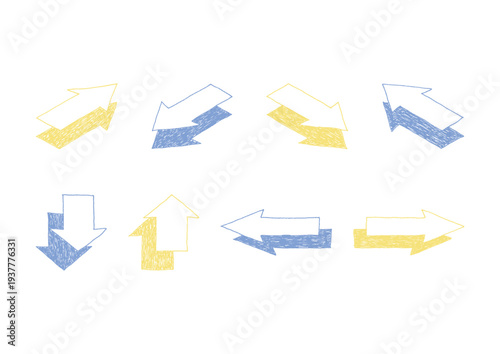 手描きの青と黄色の矢印のアイソメトリックイラストセット