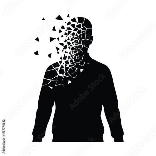 Man's silhouette crumbling apart in dramatic black and white