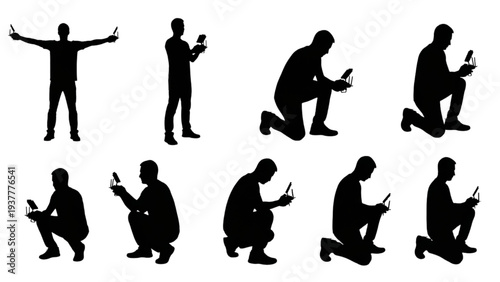 Dynamic silhouettes of men in diverse poses engaging with handheld digital devices for various tasks
