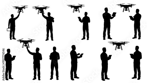 Collection of Silhouette Drones and Operators with Remote Control in Various Poses