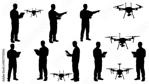 Dynamic collection of drone operator silhouettes showcasing modern aerial technology and remote control expertise
