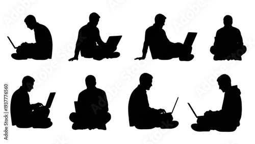 Diverse silhouettes of individuals engaged with laptops, depicting casual remote work and digital connectivity