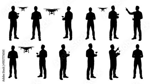 Silhouettes of people operating drones, illustrating modern aerial technology, remote control, and human innovation