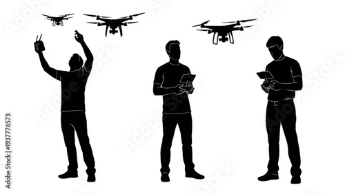 Silhouettes of people operating drones in aerial photography and videography