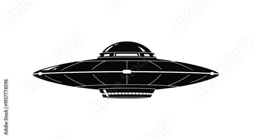 Stylized depiction of a classic black ufo spaceship against a white background
