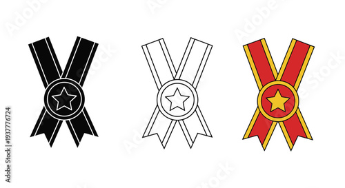 Three variations of a medal or award with a star and ribbon design