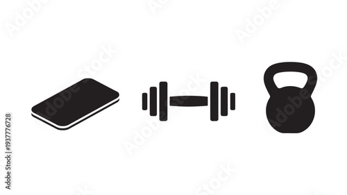 Black Gym Icons Set Including Smartphone Dumbbell And Kettlebell On White Background For Fitness Concepts