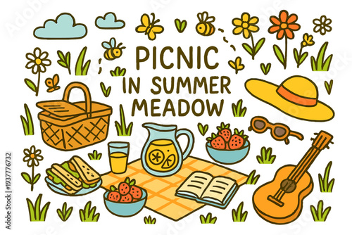 Summer Picnic Illustration. Picnic in summer meadow. Hand-drawn doodle illustration of picnic in summer meadow