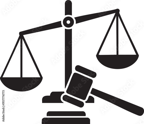 Law scale with gavel vector illustration, flat design justice symbol