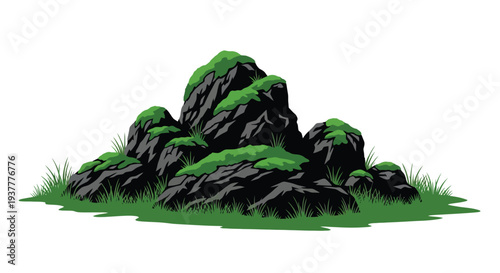 Stylized illustration of a rocky outcrop covered in lush green vegetation