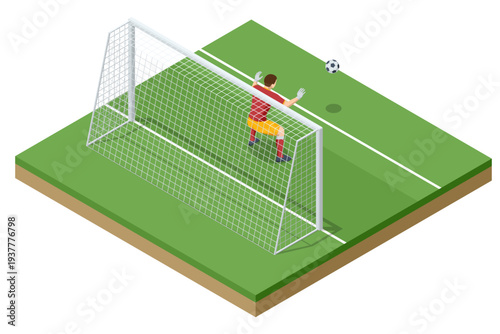 Isometric football goalkeeper defending goal with soccer ball near net on field. Sport defense action concept. Championship competition, teamwork, training and professional stadium sport event.
