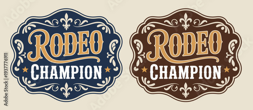 Rodeo Champion Cowboy Label Style Belt Buckle Featuring Bull Rider Medal Typographic Emblem Ornate Western Vector Design for Rodeo Events and Western Cowboy Illustration