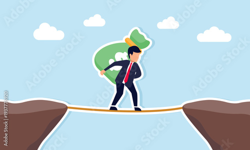 Businessman carrying money sack walking on rope across canyon illustration concept of wise business financial management during crisis