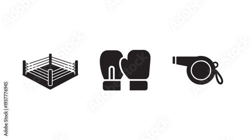 Boxing Ring Gloves And Whistle Icons For Sports Concepts
