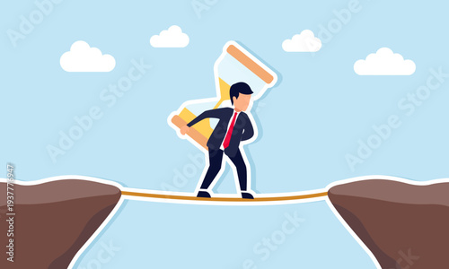 Businessman carrying hourglass walking on rope across canyon illustration concept of careful project completion during business crisis and deadline pressure