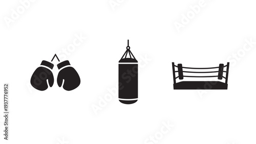 Boxing Gloves Punching Bag And Boxing Ring On White Background For Sports Concepts