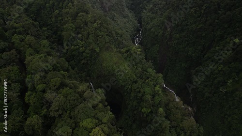 Aerial of hidden waterfall on Rio Toro Quebrada Gata in Costa Rica near Bajos del Toro in lush dense jungle