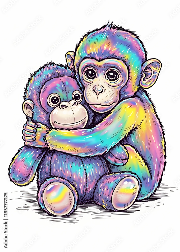 Obraz premium Colorful baby monkey embracing an adorable rainbow plush toy, showing love, friendship, and childhood fun