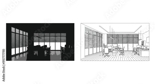 Office interior comparison realistic rendering and architectural sketch