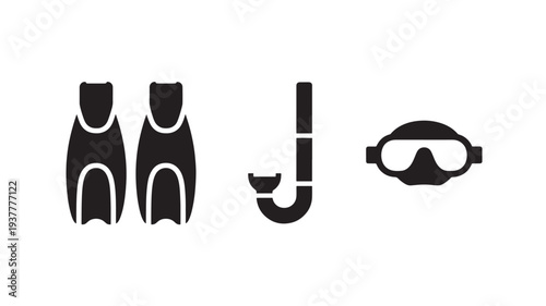 Scuba Diving Equipment Icons Including Flippers Snorkel And Mask On White Background For Ocean Exploration Concepts