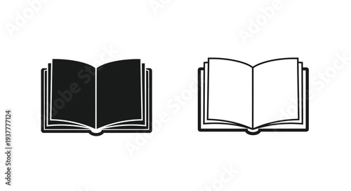 Two open books a black silhouette and a white outline illustration