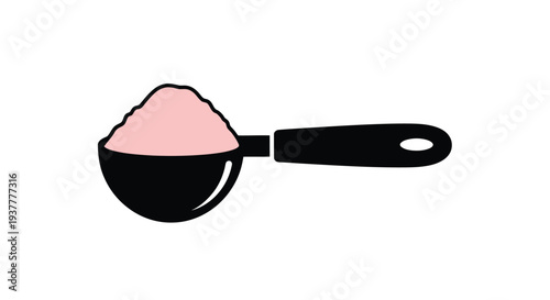 A single scoop of pink powder presented in a black measuring spoon