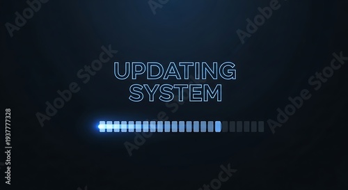 Updating system progress bar with blue neon lights on dark background, technology concept.