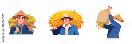 Farmers carrying rice harvest with transparent background